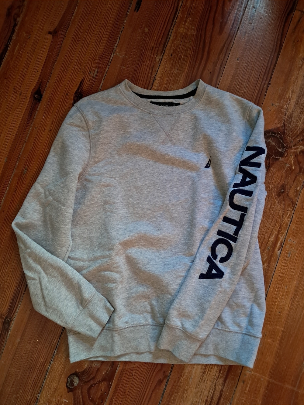 Nautica Light Gray Crewneck Sweatshirt with Navy Sleeve Logo
